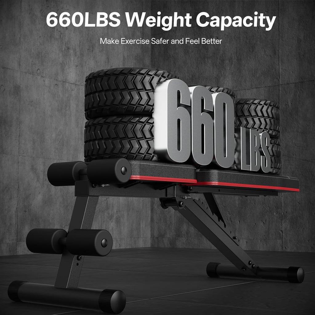 Adjustable Weight Bench, Foldable, Incline Decline Flat, Bench Press with 660LBS, 95% Pre-Assembled, Compact Workout Bench Full Body Strength Training Bench for Home Gym, Wider Seat